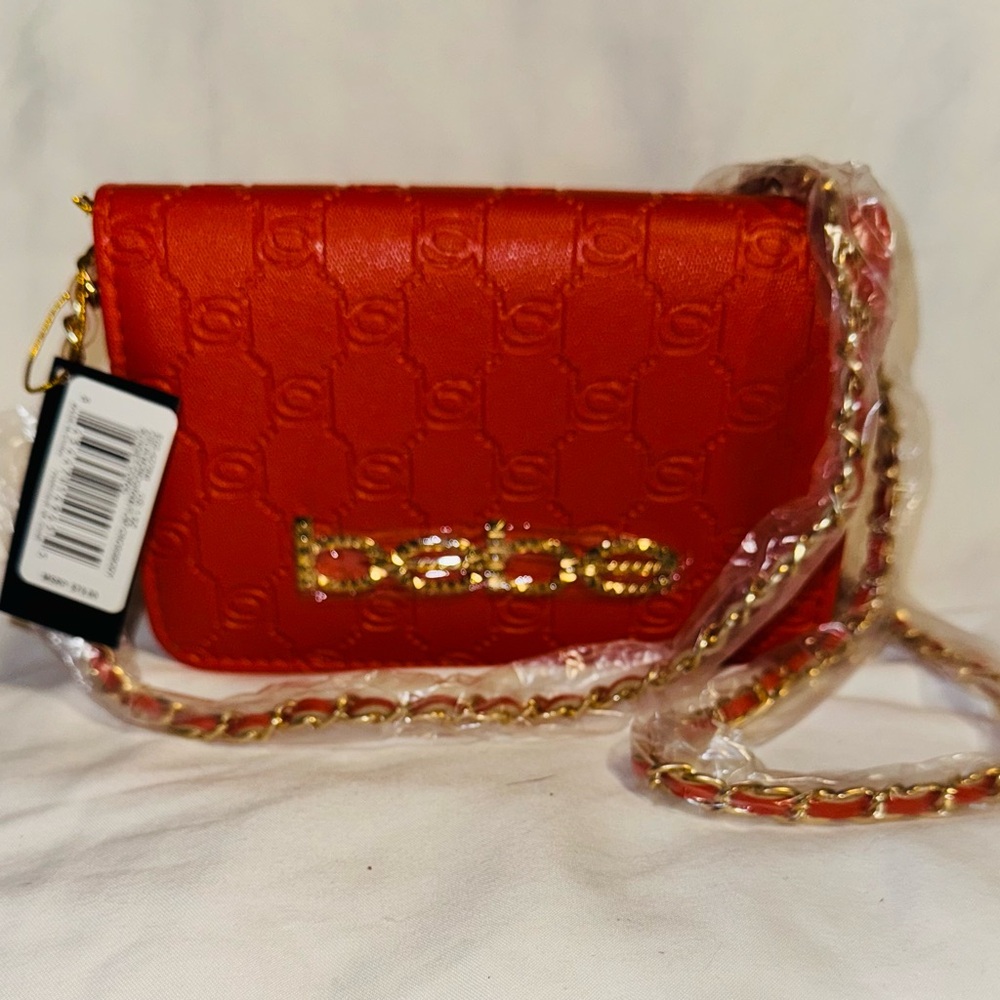 bebe Coral Sunset Crossbody Bag with Gold Chain